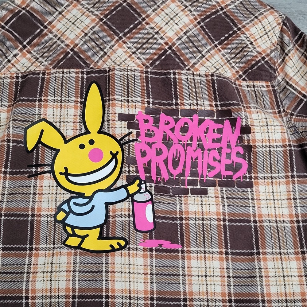 🐰Broken Promises x Happy Bunny Flannel Women's S Brown Plaid Graphic Y2K Art - Picture 12 of 16